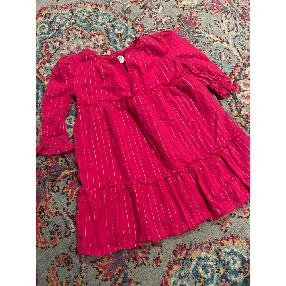 Gap Kids Girls Pink Gold Metallic Stripe Tiered Dress XS 4/5‎ Long Sleeve Ruffle